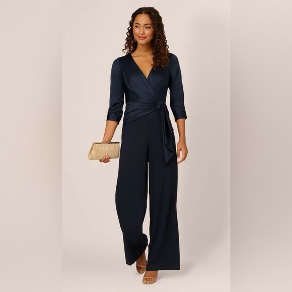 Adrianna Papell Satin Crepe 3 Quarter Sleeve Jumpsuit Buckle Waist 4 NWT $189 - Picture 2 of 7